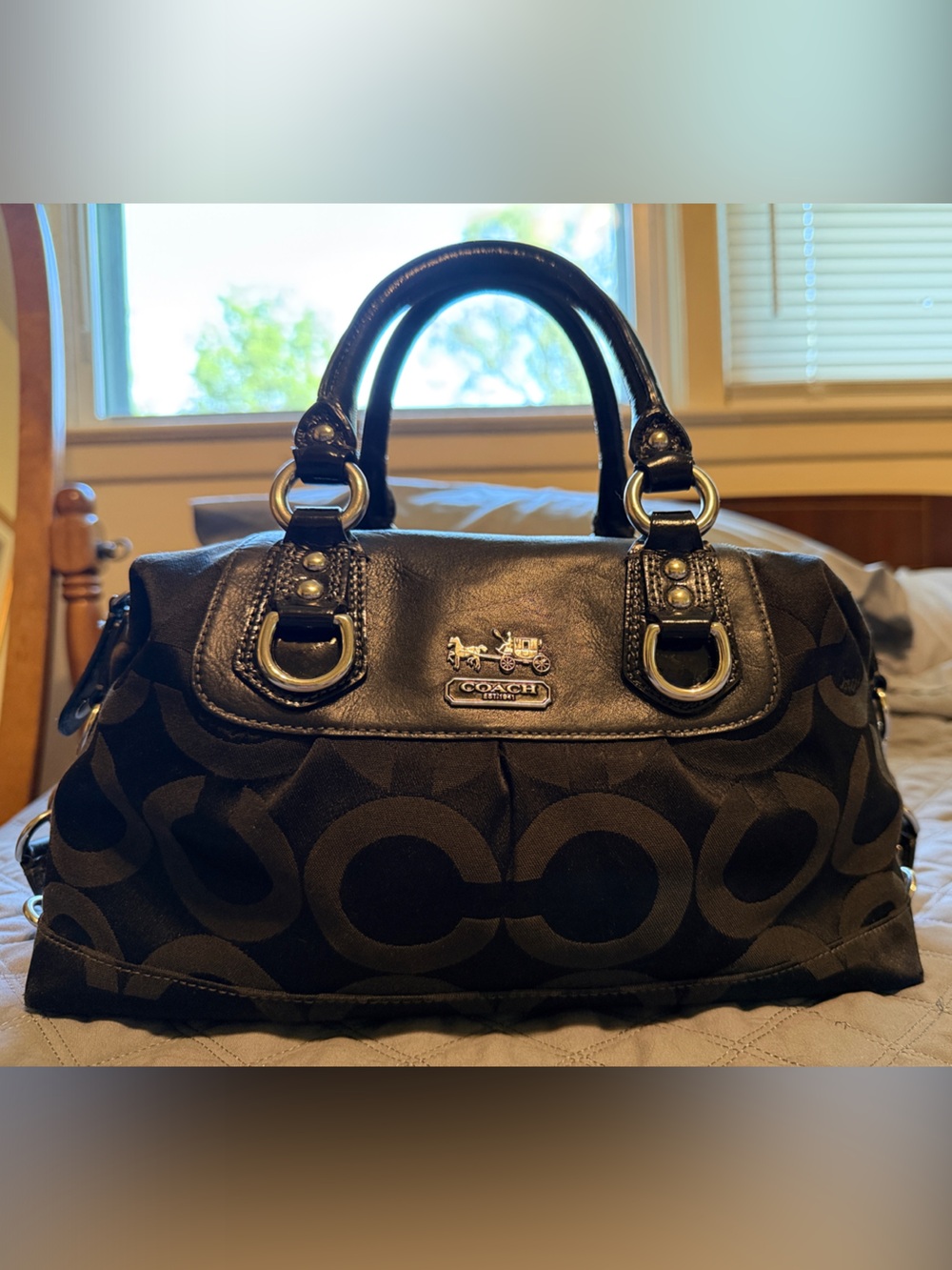 Vintage Y2K Coach Black Signature Logo Fabric Satchel with Leather Trim